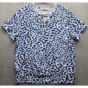 PerSeption T-Shirt Women Petite L Multi Animal Print Keyhole Round Neck Pullover